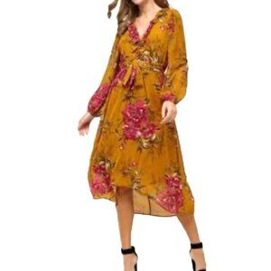 June & Hudson Floral Mustard Yellow V-Neck Ruffle Asymmetrical Hem Dress Medium